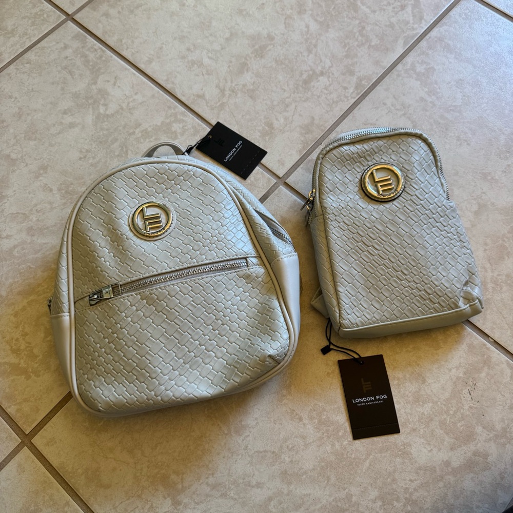 London Fog NWT Bundle of 2 Cream Woven Bowery Mini Backpack & Broadway Sling Bag